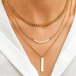 Gold plated stainless steel layered chain and bar necklace